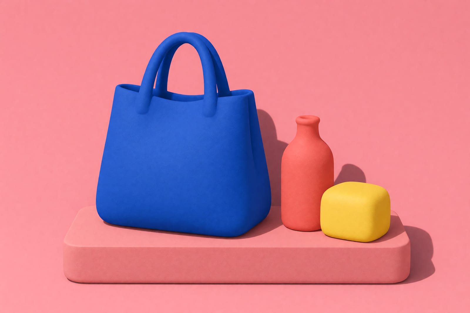 Illustration einer übergroßen, zeichenlosen Tasche in matten Farbflächen, daneben wenige unmarkierte Gegenstände.