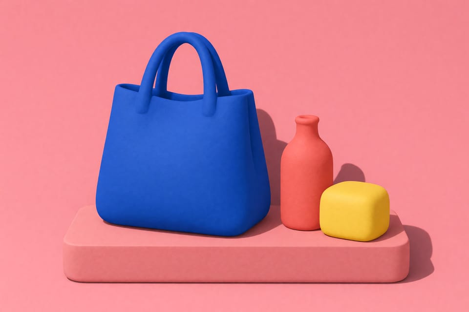 Illustration einer übergroßen, zeichenlosen Tasche in matten Farbflächen, daneben wenige unmarkierte Gegenstände.
