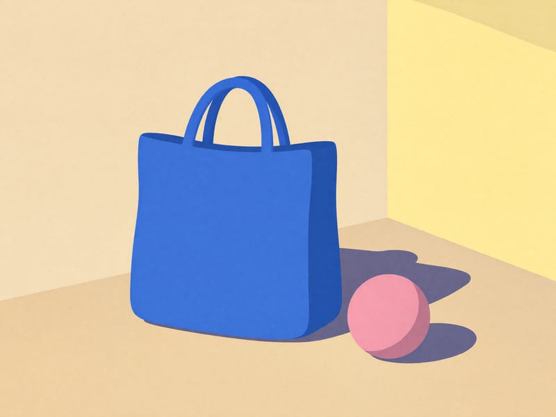 Illustration einer Tasche auf einem Flurboden neben einem umgekippten Regenschirm und einem Paar Schuhe.
