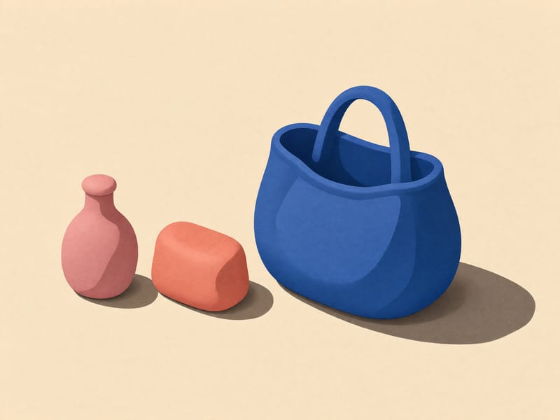 Illustration einer Hand, die in eine geöffnete Tasche greift, während ein Riemen über der Schulter hängt.