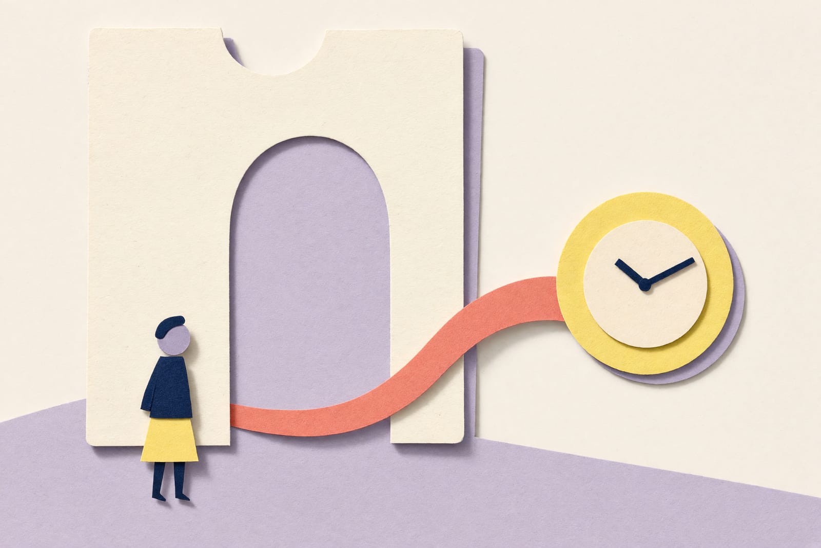 Illustration eines gefalteten Papierbands, das durch zwei Türrahmen zu einem einfachen Zifferblatt führt.