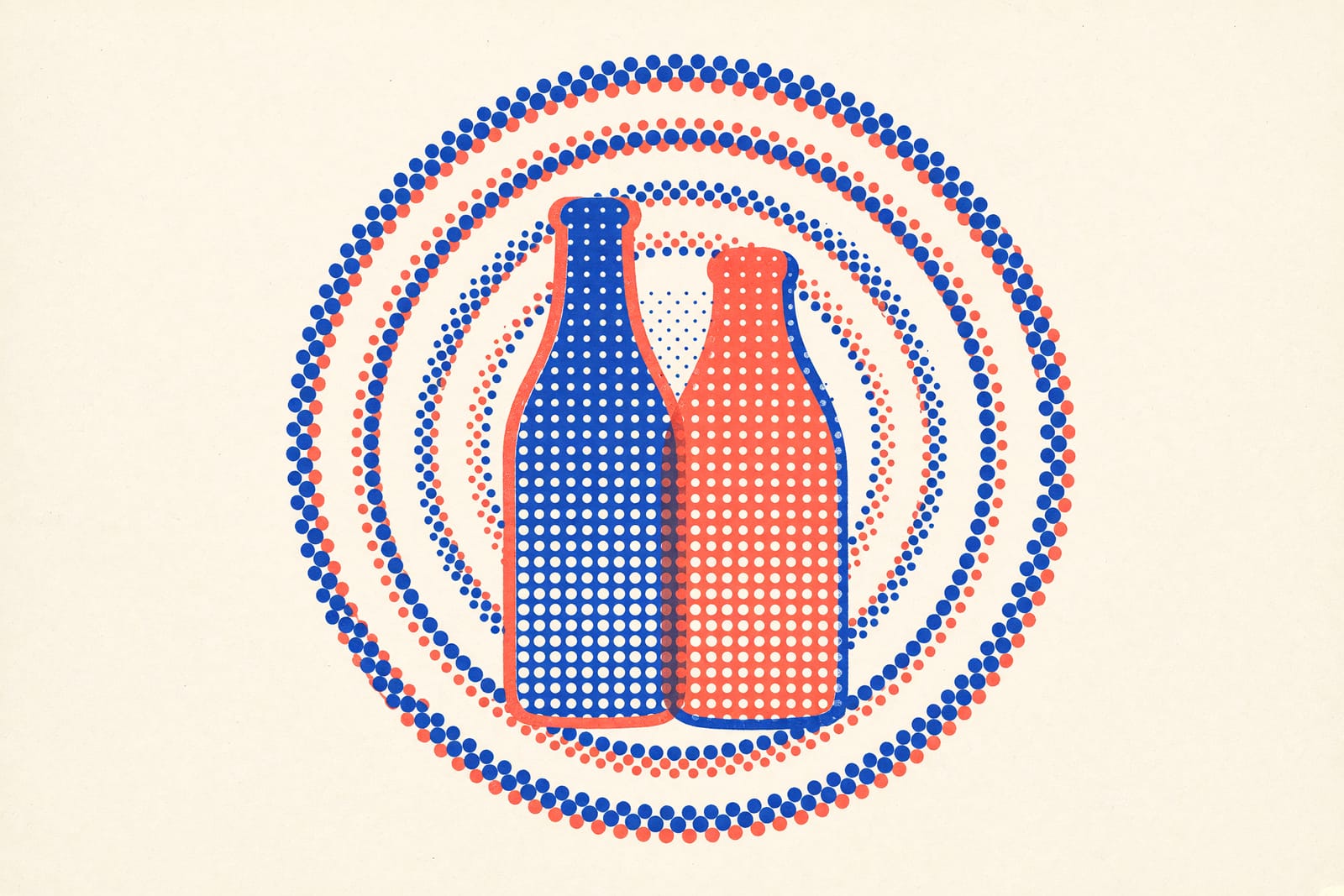 Illustration zweier sich überlappender Rasterkreise über einer leeren Flasche ohne Beschriftung.