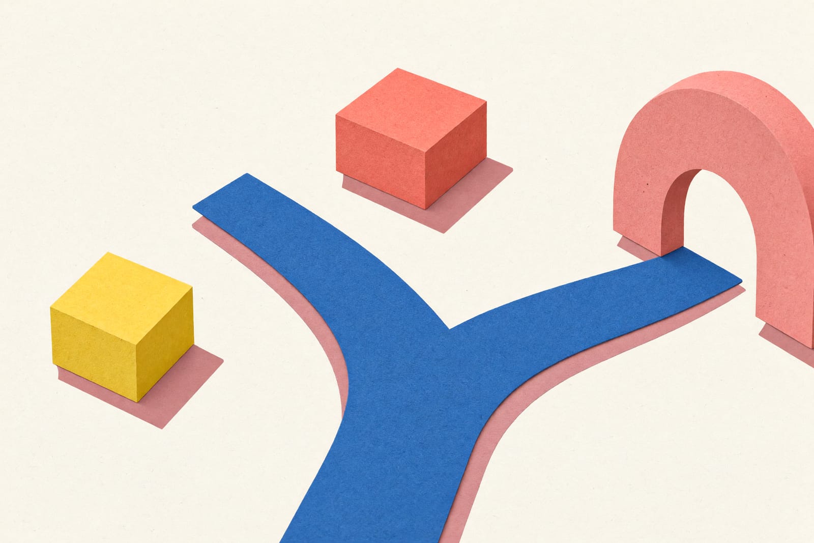 Illustration aus Papierflächen mit zwei Wegen, die sich an einer klaren Abzweigung trennen.