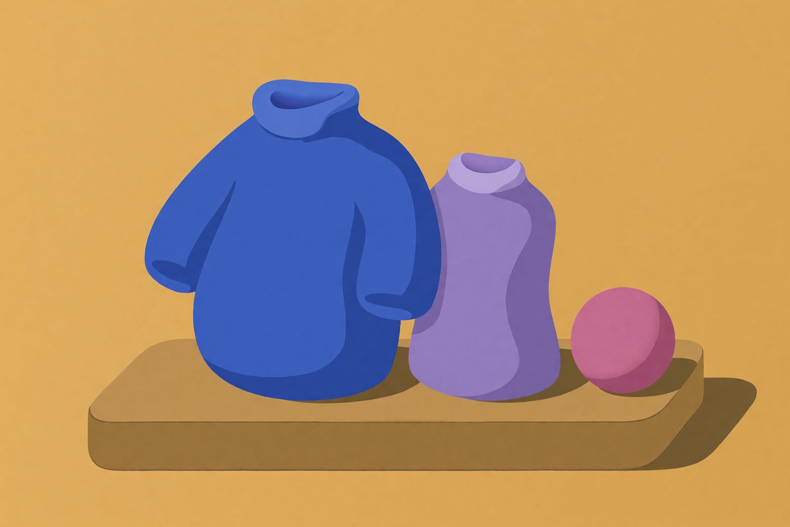 Illustration zweier matte wirkender Kleidungsstücke in ruhiger, aufrechter Anordnung.