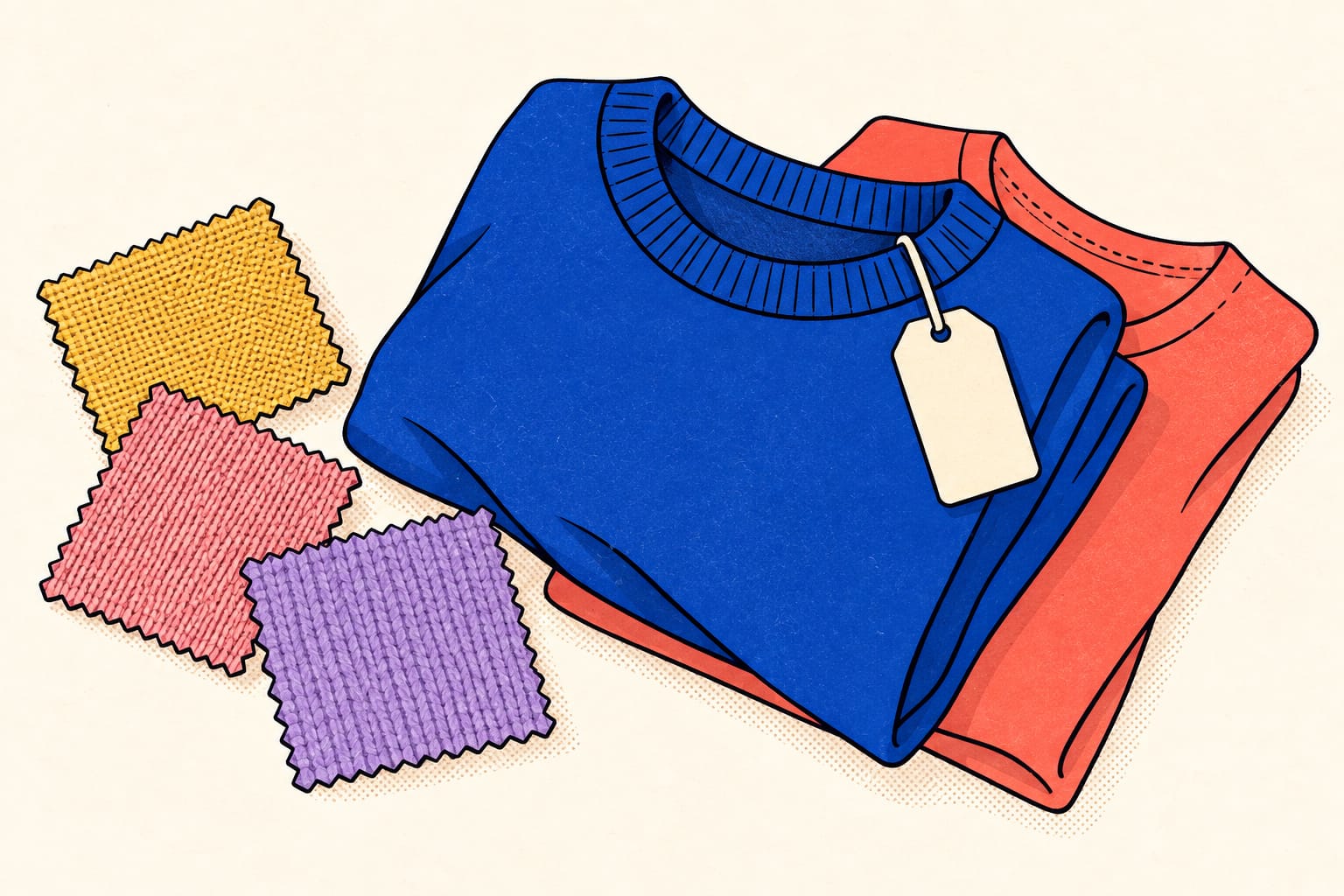 Illustration eines gefalteten blauen Pullovers, eines korallfarbenen Oberteils und drei Stoffmustern. Ein leeres Etikett hängt am Kragen.