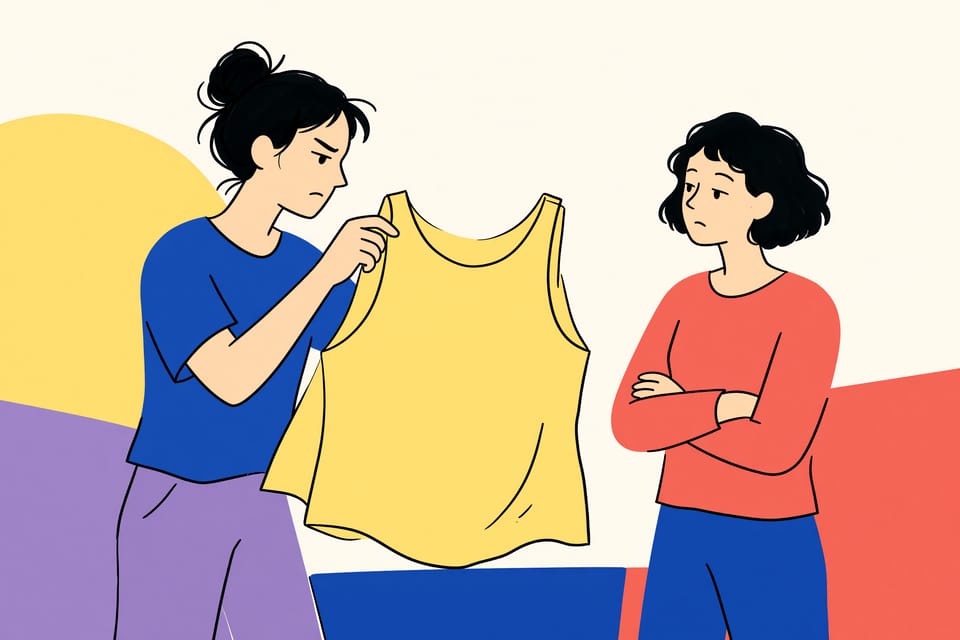 Illustration einer Person, die ein Textil vor einer Waschmaschine sortiert, daneben ein flaches, zeichenloses Etikett.