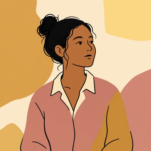 Illustration von Marit Bollmann als erwachsene Person in ruhiger Haltung.