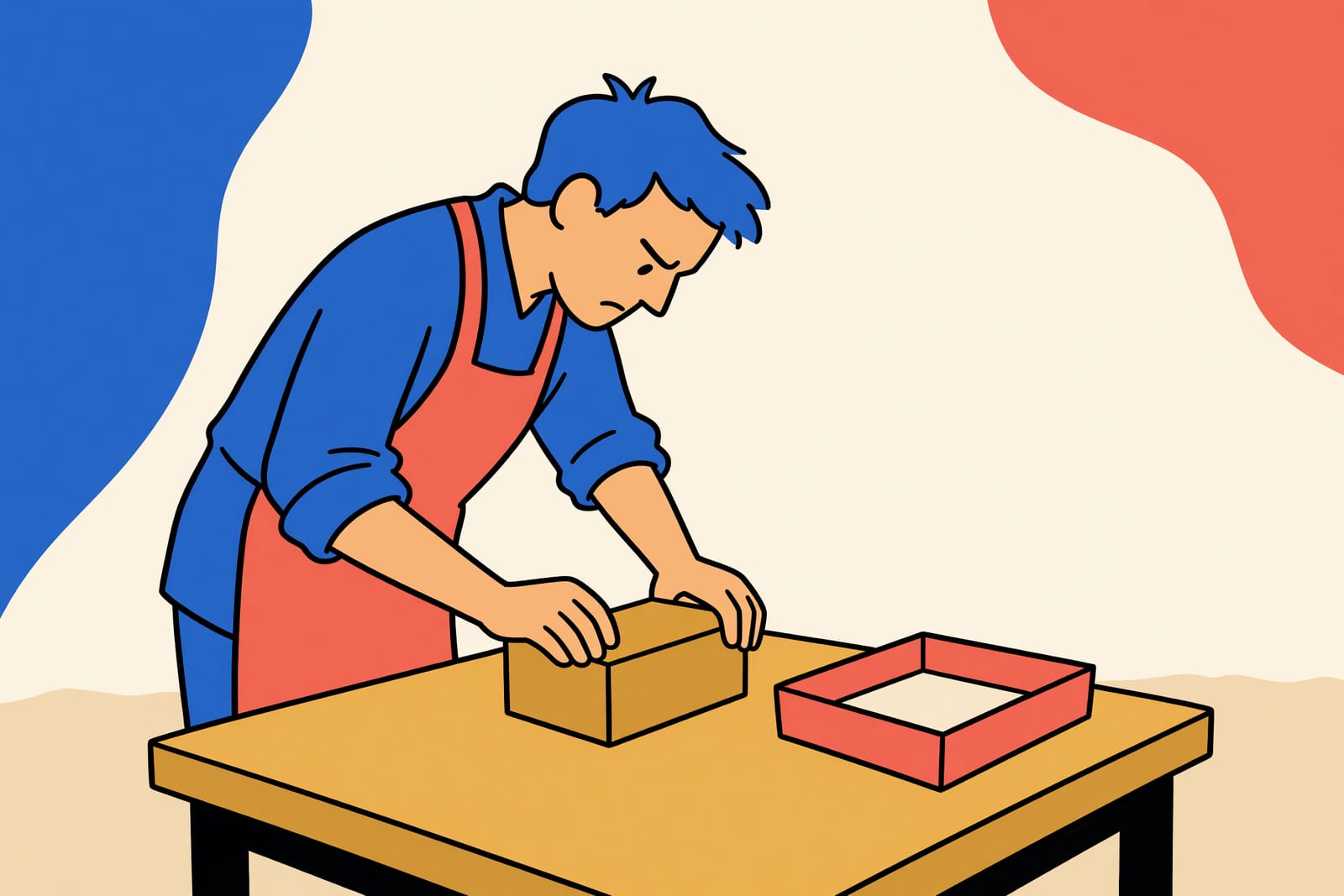 Illustration zweier Hände, die ein unbeschriftetes Gerät auf einer Werkbank halten.
