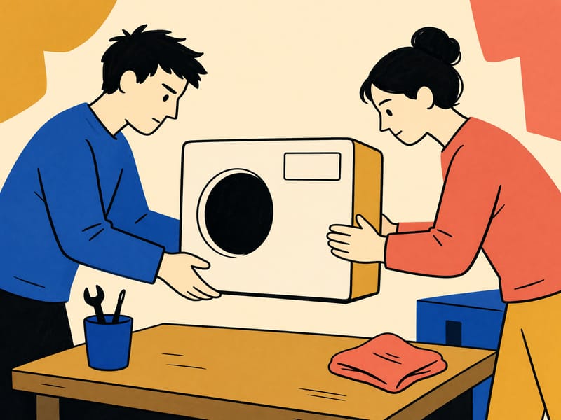 Illustration zweier Hände, die ein unbeschriftetes Küchengerät auf einer Werkbank drehen; daneben liegt ein leeres Formularblatt.