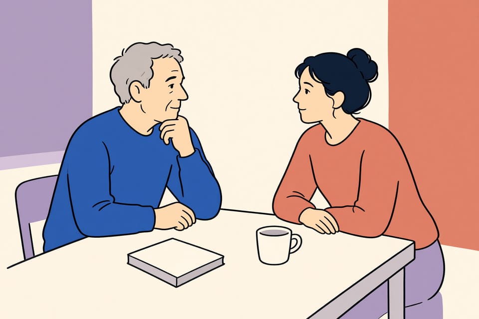 Zeichnung: Ein älterer Mann und eine erwachsene Frau sitzen aufmerksam an einem Tisch; ein schlichtes Buch liegt zwischen ihnen.