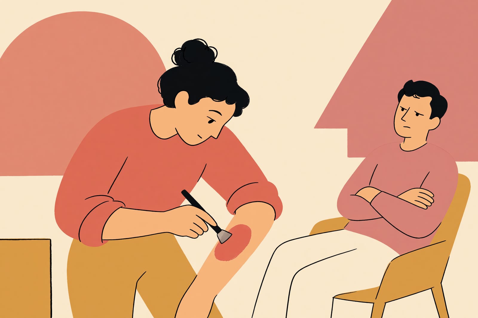 Illustration einer Person, die eine farbige Fläche auf einem angewinkelten Arm verteilt, ohne Markierung und ohne Hautdetails.
