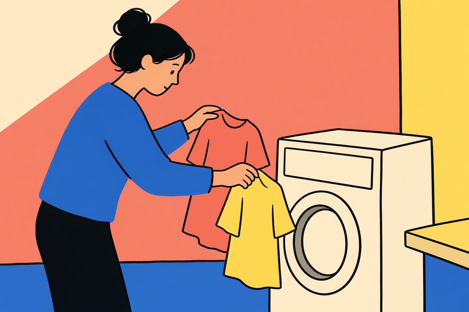 Illustration einer Person, die unbeschriftete Kleidungsstücke neben einer Waschmaschinenform sortiert.